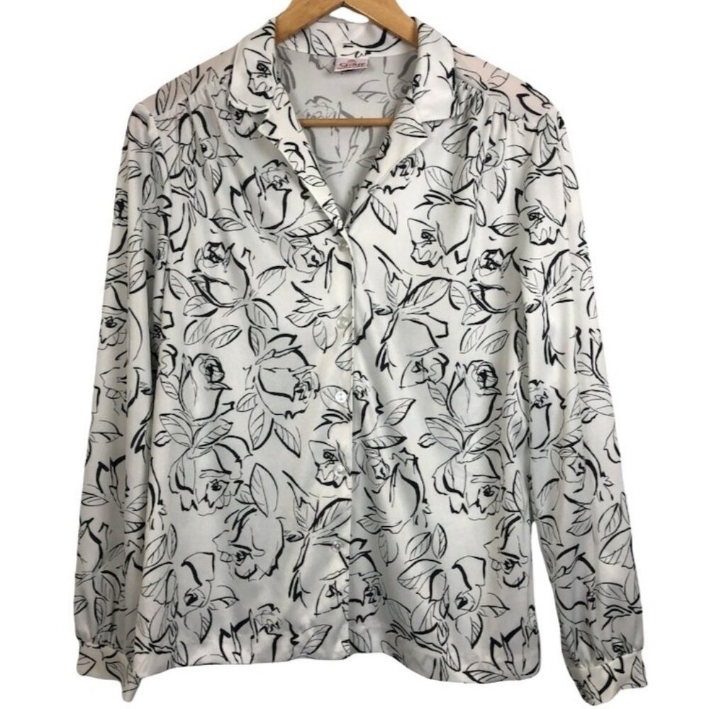 Vtg 70s Graff Californiawear Satin Button Down Shirt Sz Medium Rose Print White